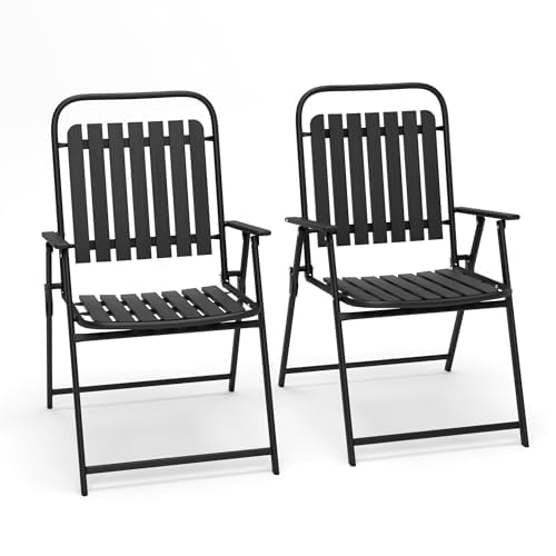 PIZZELLO Patio Folding Chairs Set of 2, Outdoor Portable Dining Chairs with Armrests, High Back and Lightweight Metal Frame, Foldable Chair Sets for Garden Porch Poolside Deck, No Assembly, Black