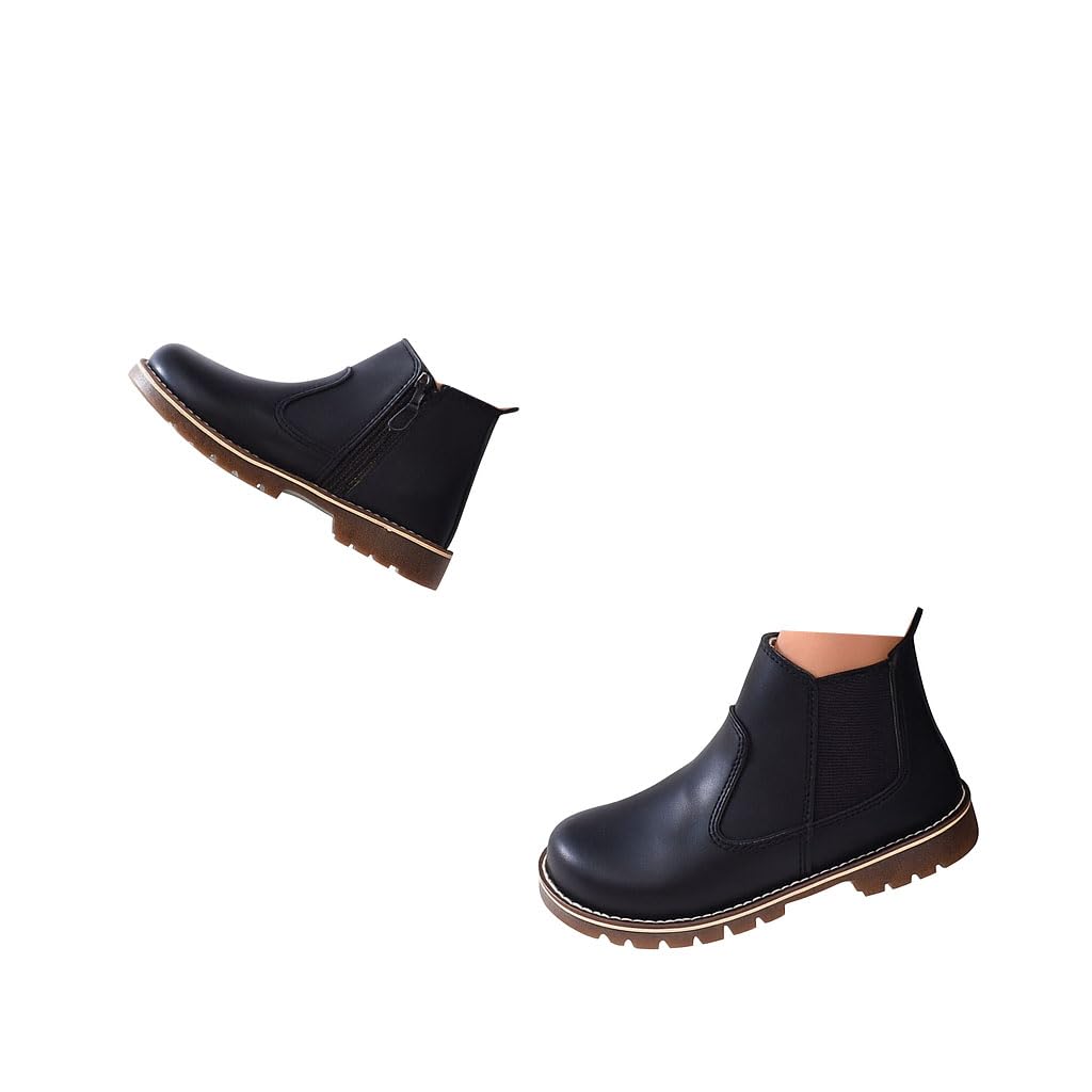 Children's Chelsea Ankle Boots, Black Leather, Elastic Side Panels, Non-Slip Sole s1