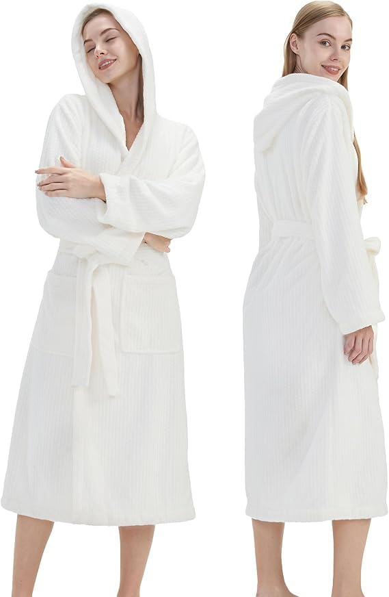 Women's and Men's Fur Hooded Bathrobe Plush Long Spa Robe, Fluffy Warm Fur