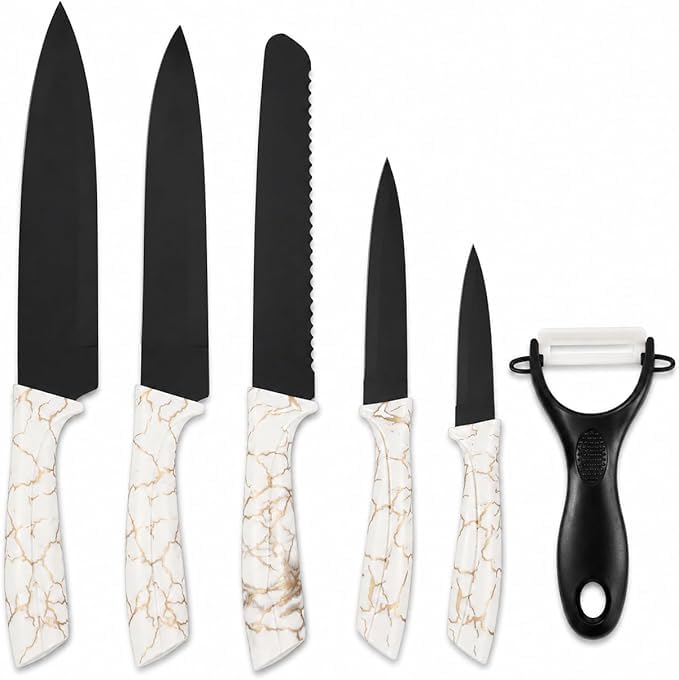 Kitchen Knife Set 6 Pieces, Marble Coated Non-Stick Knives with Chef, Bread, Slicing, Multi-Purpose and Paring Knife for Home Cooking Prep H-735 (White)