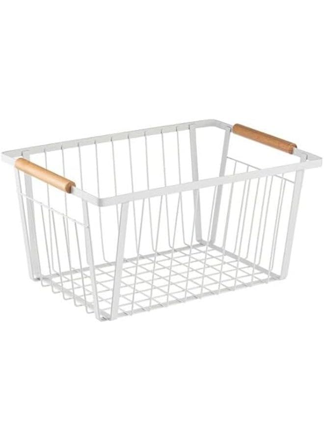 Metal Wire Storage Baskets with wooden handles used for organizing items in various rooms of a home such as the living room bedroom or bathroom (white, small)