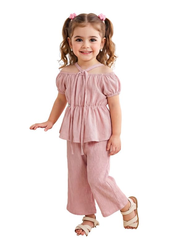 My Baby Girls Solid Tie-Neck Blouse Set with Wide Leg Pants