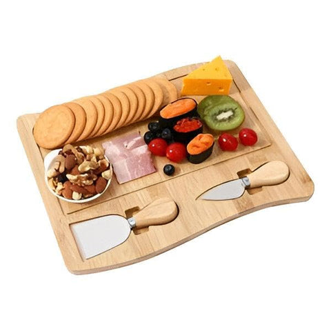 Bamboo Serving Board - 3-Piece Cheese and Butter Set with Rectangular Plate and Cutting Knives for Sophisticated Entertaining