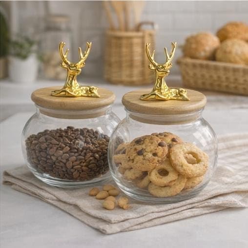Generic Round Glass Storage Jar with Wooden Lid, 500 ml, Gold Deer Handle, .em