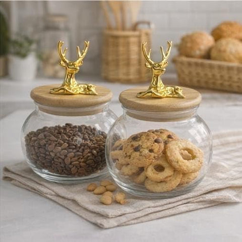 Generic Round Glass Storage Jar with Wooden Lid, 500 ml, Gold Deer Handle, .em