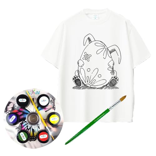 White T-Shirt with Fabric Paints and Brush Easter Bunny Theme Size (9-12Y)