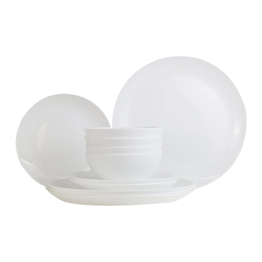 BLUENIYA 12 Piece Bone China Dinnerware Set - White, Lightweight, Chip & Break Resistant Dish Set for 4 - Modern Round Plates & Bowls, Microwave & Dishwasher Safe for Everyday & Special Occasions