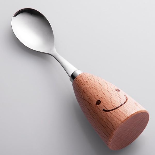 Dollar Stainless Steel Baby Spoon Wooden Handle Smiley Shape Multifunctional Dessert Appetizer Spoon Import Household Tools