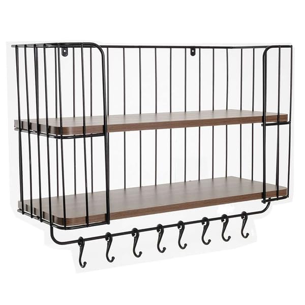 Next store 8 Hooks Double Metal Wood Wall Shelf - Industrial Style Kitchen Organizer & Coffee Corner - Elegant Industrial Design - All-in-one Space Saving Wall Decor Holder