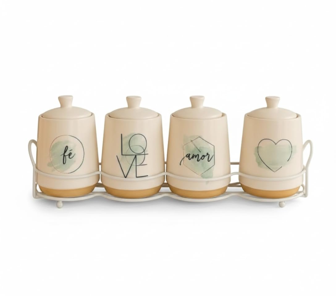 Home Care QQ-971 4-Piece Medium Porcelain Spice Set Sleek Kitchen Storage Solution, Pack of 1 - White Porcelain