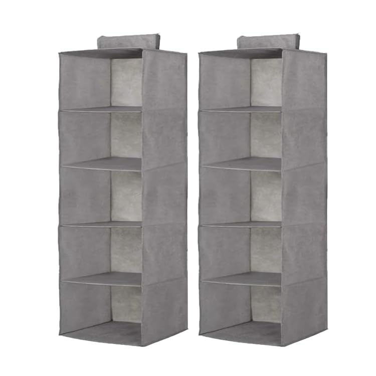 Circle M 5-Shelf Hanging Closet Organizer, Foldable Cupboard Storage with Easy Fastening Strap, Space-Saving Clothes & Shoe Rack, Grey, 30x30x100 cm - 2 pcs