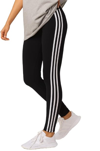 Women's Athletic Leggings, with White Side Stripes, High-Waisted, Stretch Fit, Activewear for Workout, Running, free size up to 75 KG