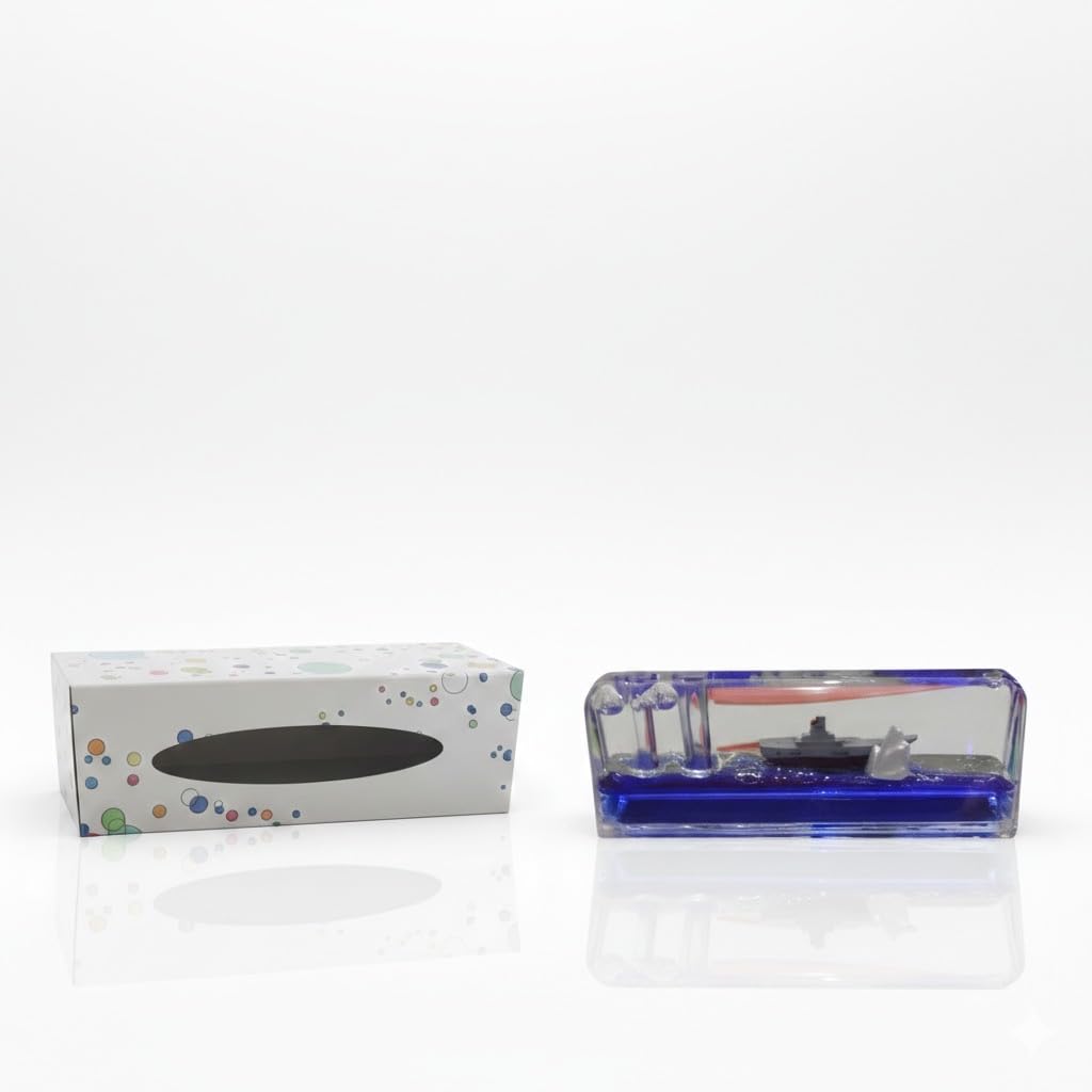 Mini Aquarium with Pink Base, Transparent Blue, Water Decor with Ship and Plants Pencil Pen