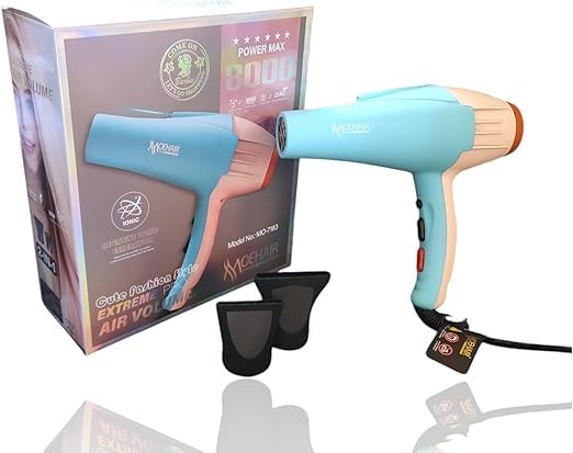 Power Max 8000 Hair Dryer, Light Blue, MO-7163, Super Air Power, Includes Attachments, Double Ionic Power, Overheat Protection