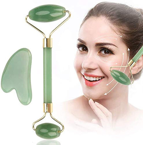 HEEPDD Jade Roller, Natural Double Head Green Aventurine Jade Stone Roller and Scrapping Plate for Slimming Firming Remove Wrinkles