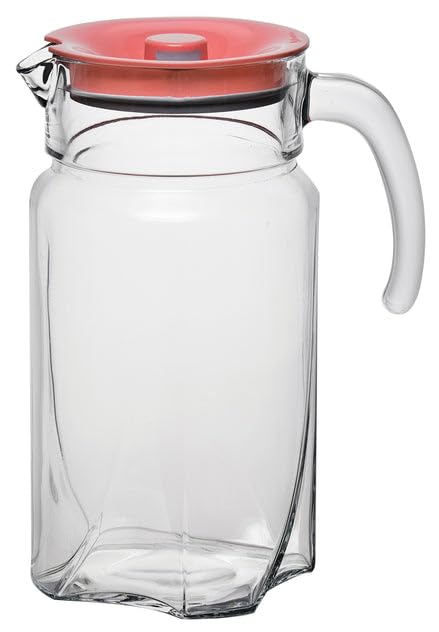 Glass Pitcher with Red Lid, Square Style, Clear Jug for Water, Juice and Cold Beverages 1.75L