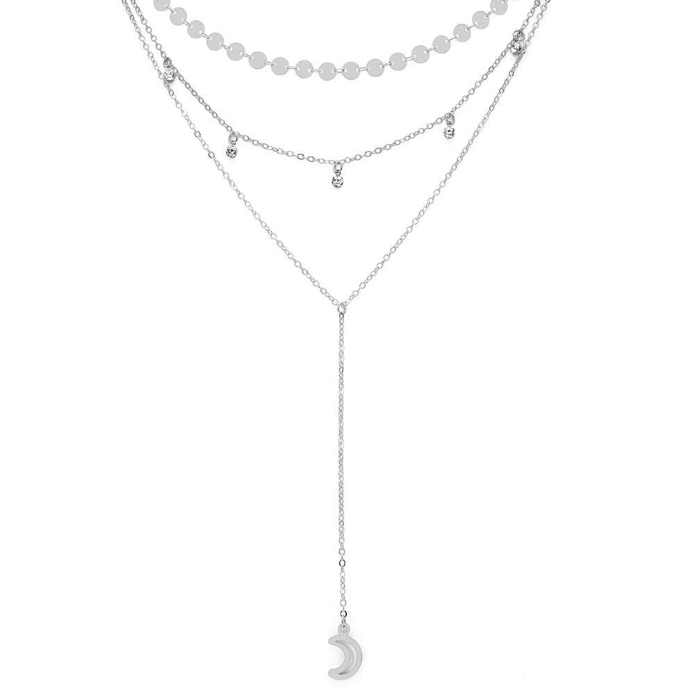 Necklace Simple Wafer Crystal Moon multilayer - Silver Plated