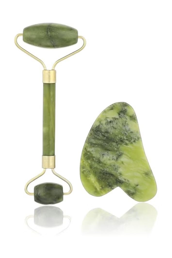 Jade Jade Facial Roller and Natural Himalayan Gua Sha Tool for Face and Neck for Wrinkle Treatment - Anti Aging Skin Care Tools for Face, Neck, Eyes 2 Pack