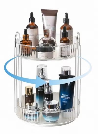 360 Rotating Makeup Organizer and Storage for Vanity Bathroom Countertop, High Capacity Cosmetic Skincare Perfume Organizers for Dresser Lazy Susan (Clear White,2 Tiers)