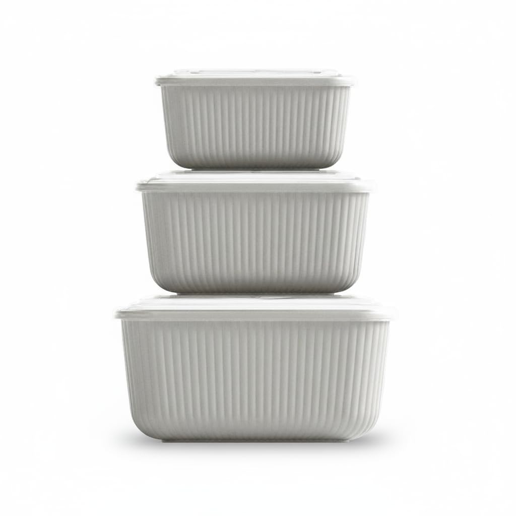3 Pcs Rectangular Food Storage Container Set with Snap Lids – Line Series BPA-Free Airtight Bowls (600 ml, 1100 ml, 1800 ml) Microwave-Safe Bowl only without the lid (Beige)