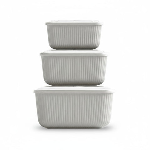3 Pcs Rectangular Food Storage Container Set with Snap Lids – Line Series BPA-Free Airtight Bowls (600 ml, 1100 ml, 1800 ml) Microwave-Safe Bowl only without the lid (Beige)