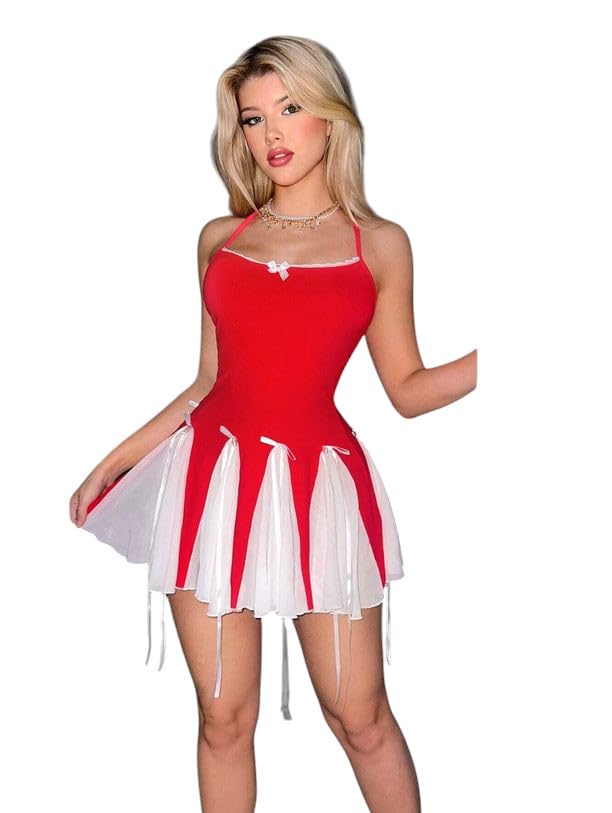 Women's Lace Bowknot Spaghetti Strap Cross Hem DressHalter Neck Mini Dress with Bow Detail