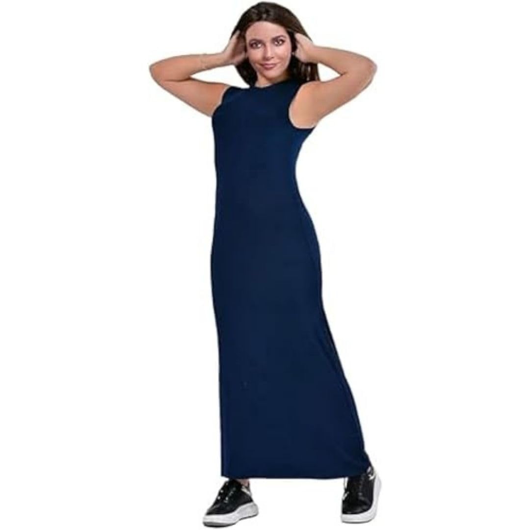 Basic Sleeveless Round Neck Long Dress - Navy Blue