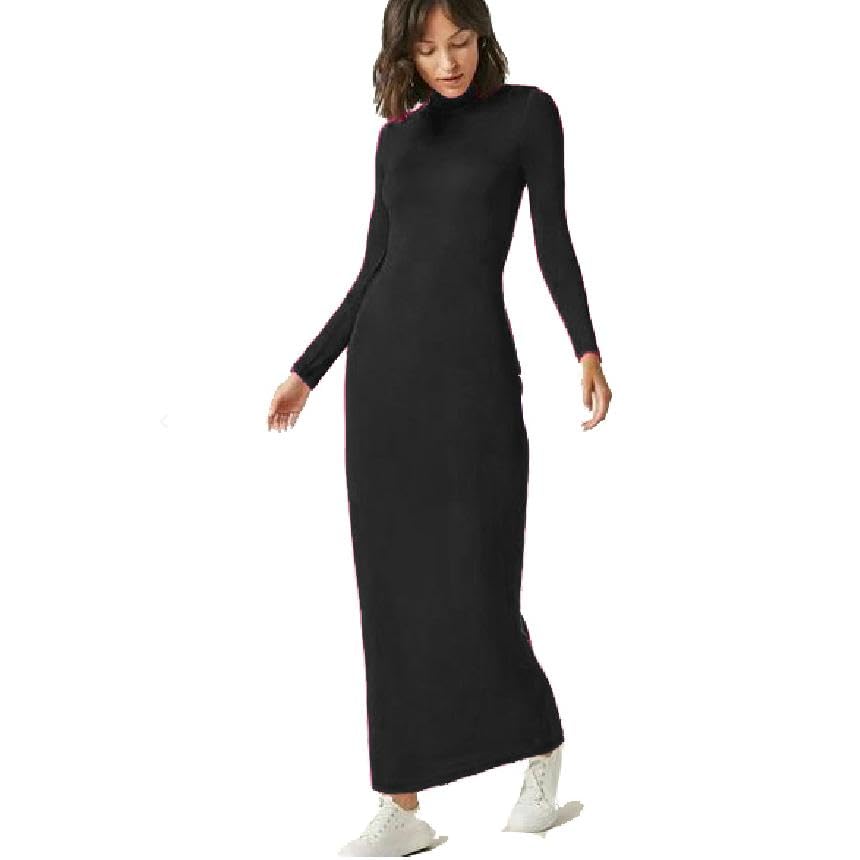 Women's Long Sleeve High Neck Long Dress, Cotton, Black