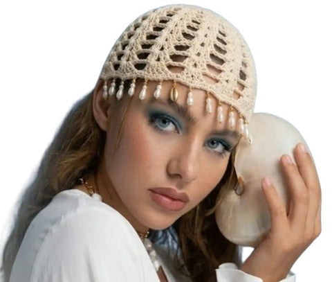 Elegant Bohemian Chic Crochet Beanie Hat with Beading Embroidery and Pearls Dangling Beanie Hat for Summer Look Elegant Bohemian Style Open Work