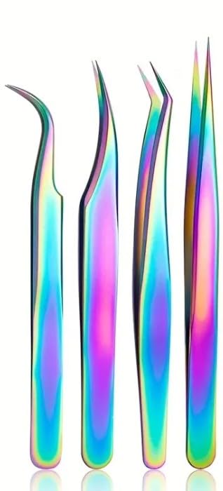 Lash Tweezers- Pack of 4 Eyelash Extension Tweezers Professional-Steel Lash Set with Leather Case, Professional for Lash Extensions