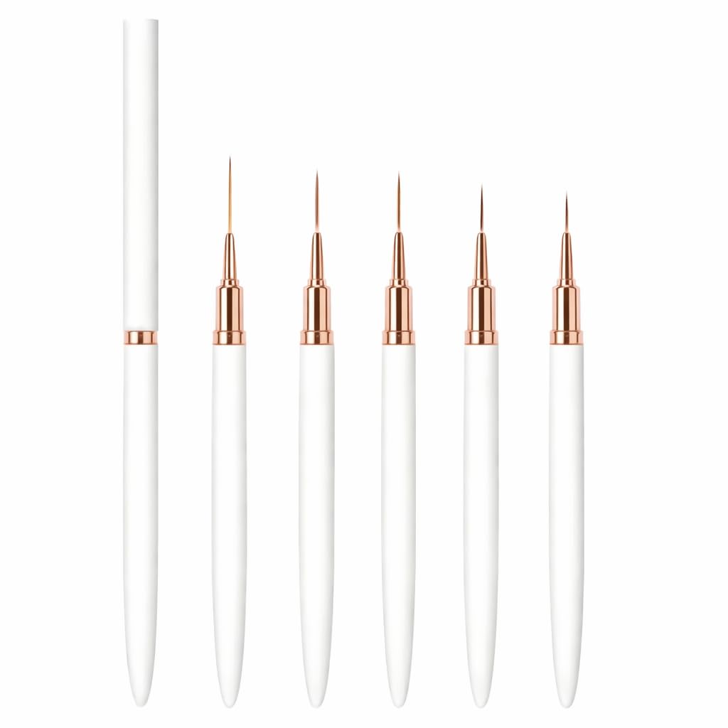 5 Pcs Nail Art Liner Brush Set for Fine Detail Design, Ultra Thin Precision Brushes for French Tips, Lines, Swirls, Drawing, Gel Polish Manicure Tools for Home and Salon Use (White)