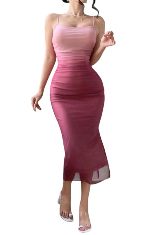 Women's Ombre Bodycon Dress, Gradient Spaghetti Strap, Midi Length Fitted Summer Cocktail Party Dress code 539