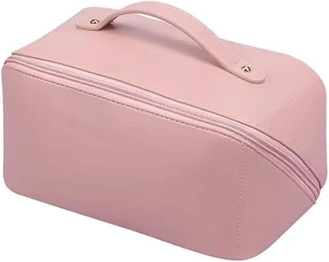 Travel Makeup & Toiletry Bag, Large Capacity Cosmetic Organizer, Open Flat Portable Zipper Case for Makeup, Skincare and Toiletries (Pink)