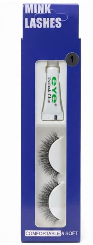 1 Pair Handmade Natural Soft False Eyelashes Fake Eye Lash Glue Included | Long-lasting | Voluminous Eyelashes | Dramatic Lash Look | Easy Application (1 Pair Eyelash + Glue)-N1
