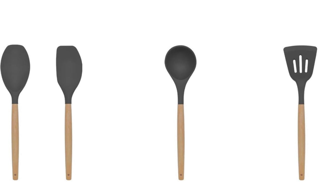 Downtown 4-Piece Silicone Kitchen Utensils Set with Wooden Handles, Grey Heat-Resistant Spatula Set, Essential Non-Scratch Cooking Tools for Mixing, Stirring and Flipping for Daily Baking