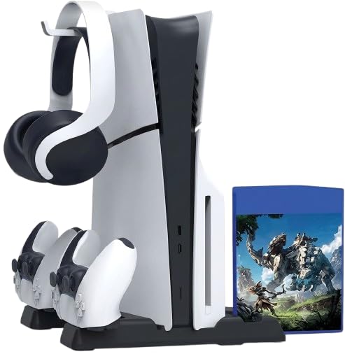 Built-in Stand Compatible with PS5 and PS5 Slim with Cooling Fan | Dual Charging System Mount Compatible with PS5 Controllers Black One Size a