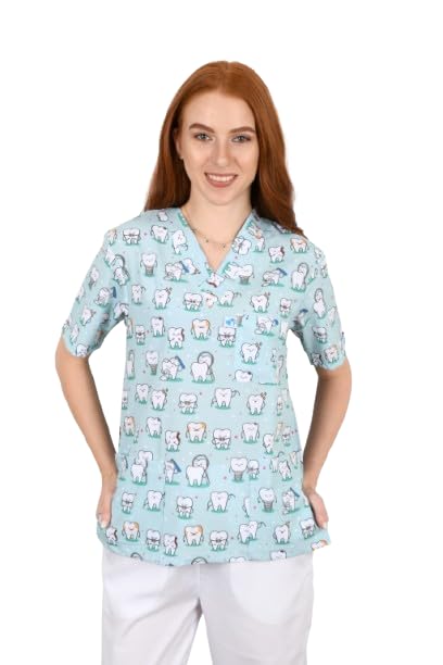 BABY tooth Medical Scrub printed Hospital Medical Scrub unisex-dental - Surgical scrubTop only -half Sleevs - Doctor Scrub -Medical Uniform (BLUE, Size M)