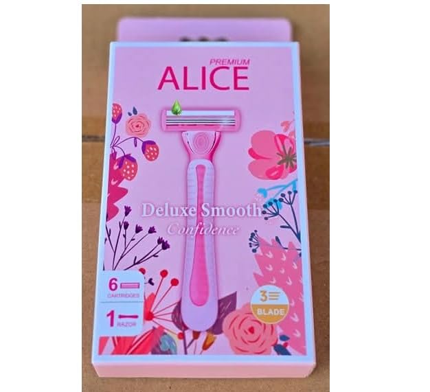 Alice Deluxe Smooth Women's Razor - Hand + 6 Triple Replacement Blades with Lubricant Strip - Smoothness Your Skin Deserves and Lasting Shine