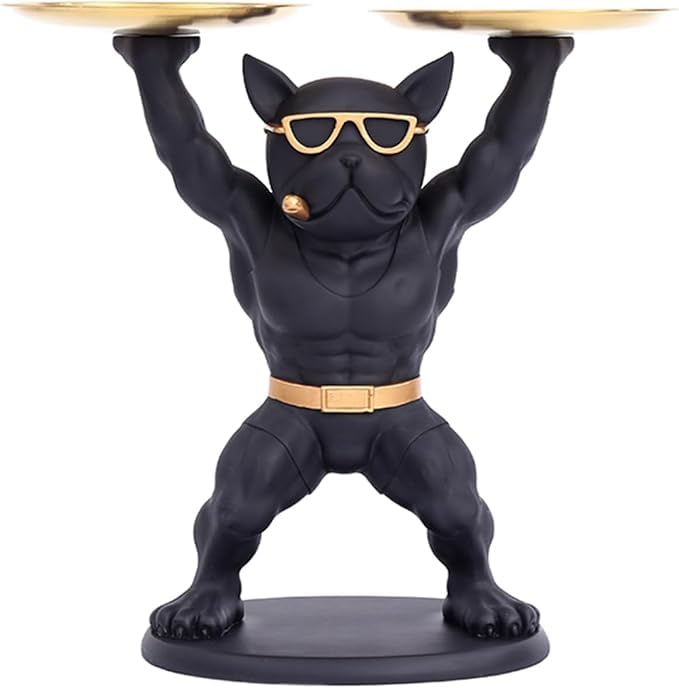 Elegant French Bulldog Figurine with Trays – Modern Black Dog Sculpture for Living Room or Entryway Table (Black) (Muscles Bulldog Figures With Two Trays)