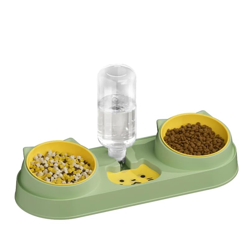 Automatic Cat Dog Bowl with Water Fountain - Double Bowl for Drinking and Food - Pet Bowl Holder (Green)