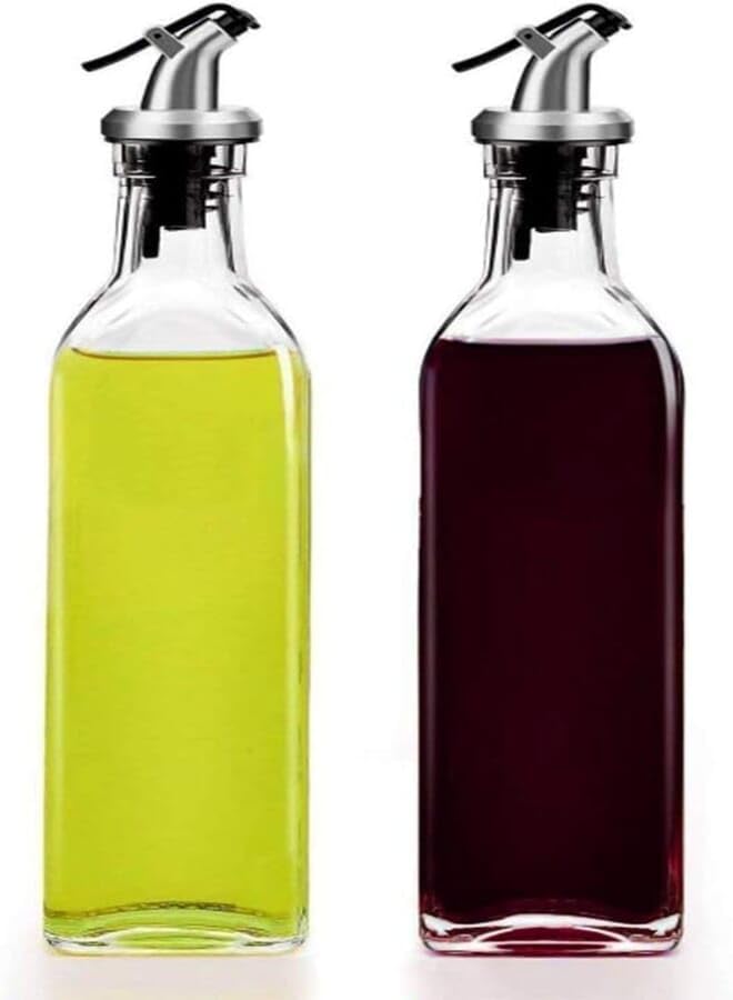 KASTWAVE Glass Oil-Vinegar Dispenser Bottle,Olive Oil Bottles,BPA Free Stainless Steel Leak-Proof Cork,Transparent Oil Pourer and Holder(500 ml, Pack of 2)