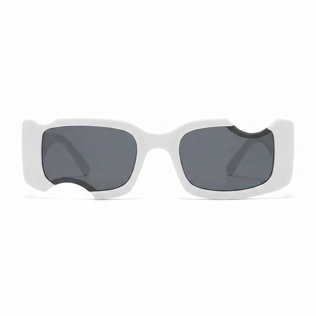 Bold Modern Rectangular Sunglasses | White Wide Cut Out Rims for Modern Style | Grey Lenses, Fashion Accessories