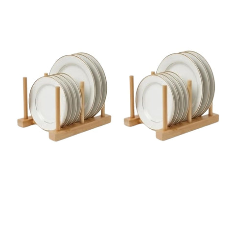 Bamboo Wooden Plate Racks Dish Stand Holder Vertical Drainer Kitchen Cabinet Organizer for Dish, Pots, Lids, Bowls, Cups, and Cutting Boards and Books(2 Packs)