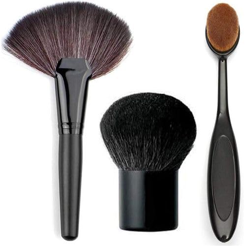 Makeup Brush Set, Black Handle, Fan Brush, Kabuki Brush, Oval Foundation Brush, 3 Piece