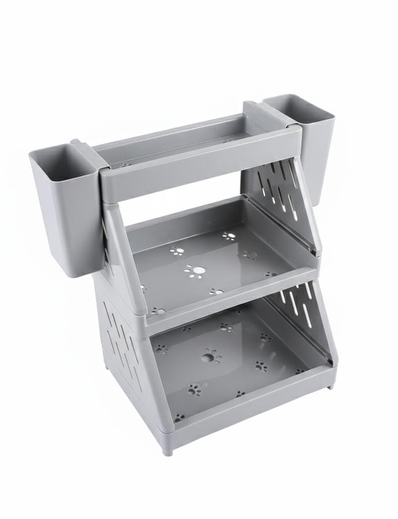 3-Tier Multipurpose Desk Organizer & Storage Rack - Grey | Space-Saving Stationery & Makeup Caddy with 2 Hanging Side Cups (1, Gray)