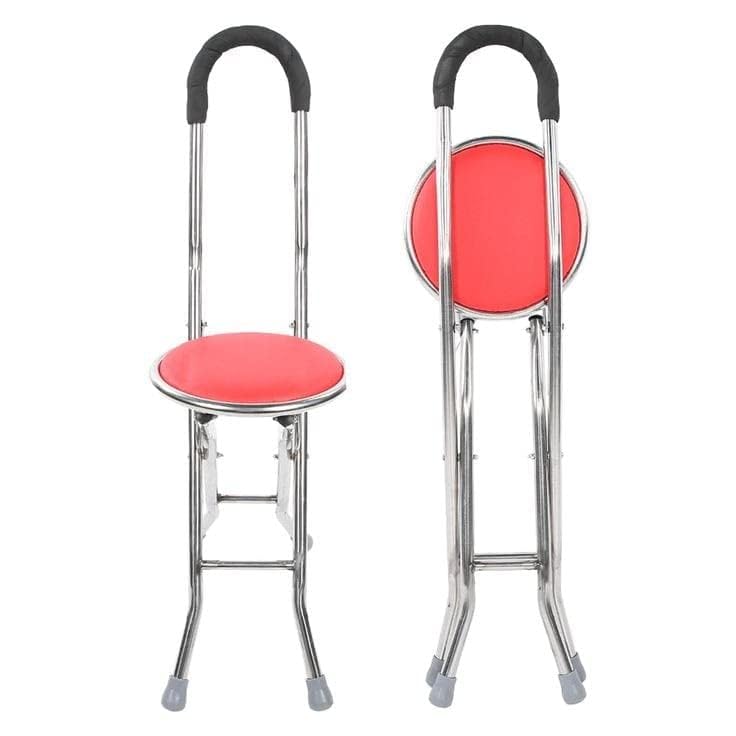 Adjustable Cane Chair with Thick Non-Slip Stainless Steel Pilgrim Stick with Soft Handle and Comfortable Chair Surface, Portable 4-Legged Walker for the Elderly and the Handicap (Red)