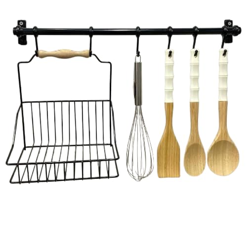 Metal Kitchen Rack Wall Shelf with Multiple Hanging Hooks for Organizing Spoons Kitchen Tools Space Saving