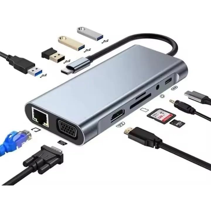 Maze MT-9598 11-in-1 Multiport Docking Station, USB-C Hub with 100W Power Delivery, 4K HDMI Output, VGA, Ethernet, USB 3.0 Ports, SD Card Reader, Audio Jack, Grey
