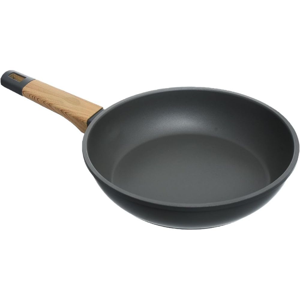 Nonstick Deep Frying Pan with Induction Base & Wooden Handle, Fast & Even Heating, Easy-Clean Aluminium Skillet, Works on All Hobs, Black (24 Cm)