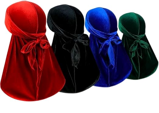 Velvet Durags for Men, 4 Pack Designer Long Tail Beanies Doo Rags Caps, Soft Wide Straps Do Rags Cap for Waves (BLACK,RED,ROYAL BLUE and GREEN)
